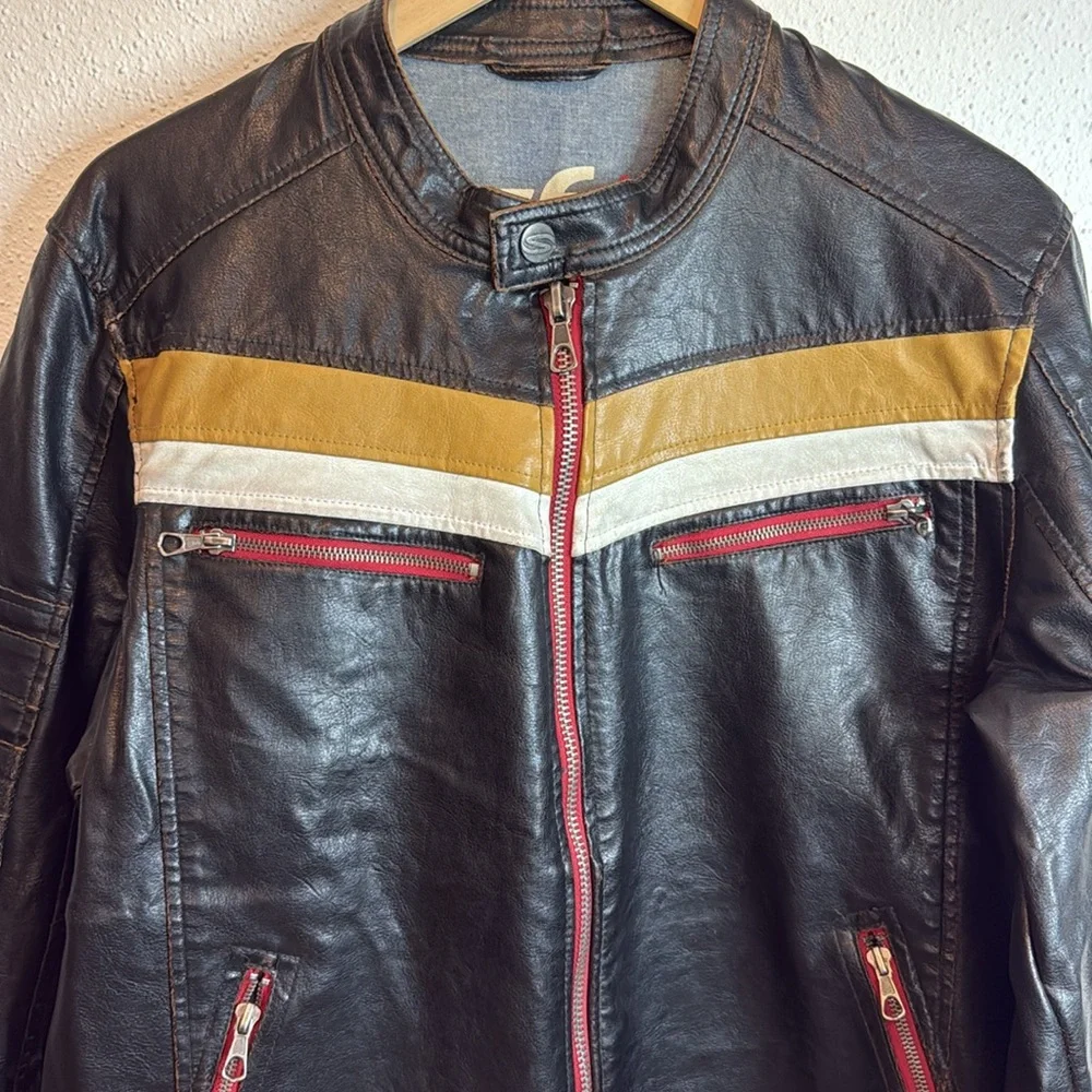 Vintage Springfield 76 Men's Black Leather Racer Jacket w/ Stripe Accents - Picture 2 of 15